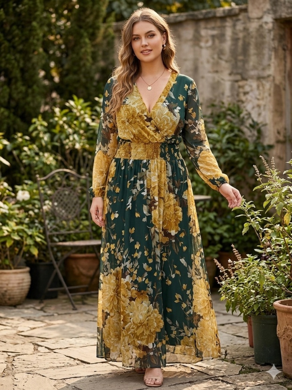 Smocked Waist V-Neck Maxi Dress in Green & Mustard Floral